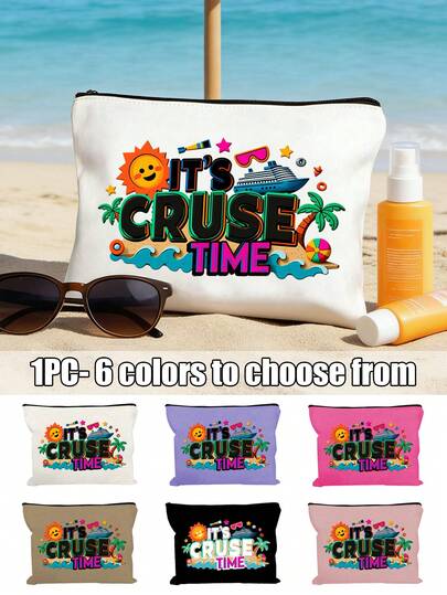 1pc Cruise-Themed Travel Cosmetic Bag, With "It's Cruise Time" Design - Vibrant Nautical Makeup Bag,Travel Organizer Case, Cruise Ship & Wave Patterns, Durable Zippered Storage Bag, Casual And Lightweight Makeup Bag, Ideal For Toiletry And Small Item Storage,Suitable For Outdoor Activities In Summer,Beach Vacation,Travel, Business, Fitness, Camping,Ideal Birthday Gift, Holiday Gift, Party Gift, Vacation Gift