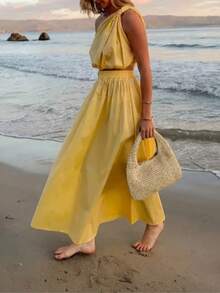 1pc Women Leisure Vacay Woven Fabric Casual Suit, Suitable For Spring/Summer Holiday - Pale Yellow - View 1