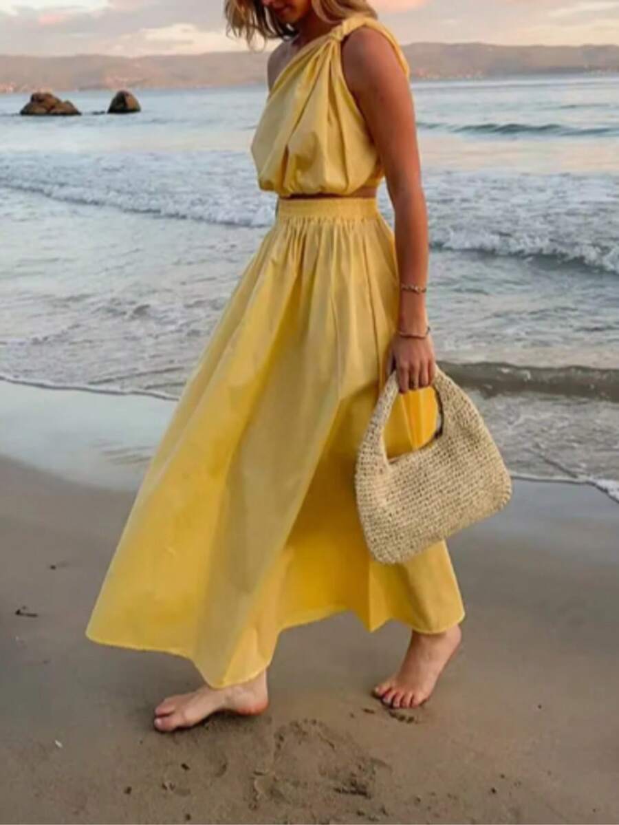 1pc Women Leisure Vacay Woven Fabric Casual Suit, Suitable For Spring/Summer Holiday - Pale Yellow - View 1