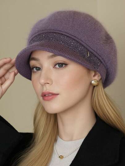 1顶女士水钻装饰针织贝雷帽，简约百搭针织帽，优雅复古英伦风云朵贝雷帽，闪亮亮片休闲通勤针织帽，适合日常佩戴，秋冬季
