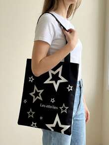 1pc Star Pattern Double-Sided Print Shoulder Tote Bag, Casual Travel Beach Bag, Large Capacity Reusable Shoulder Shopping Bag, Women's Casual Shoulder Bag, Large Capacity Canvas Beach Bag, Tote Bag, Printed Women's Grocery Shoulder Bag, Gift Idea, Backpack, Portable, Large Capacity, Suitable For Teenagers, Women, College Students, Also Suitable For Office, University, Middle School, High School And Other Occasions, Starry Sky Pattern Women Bag - Black and White - View 2