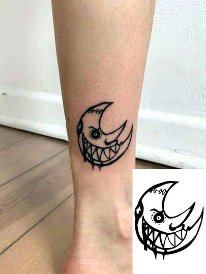 1张持久7-14天的草本临时纹身贴纸，邪月笑脸图案，防水个性化酷炫纹身贴纸，男士适用