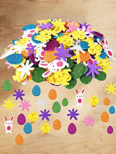 120pcs Of Easter Foam Stickers - Featuring Designs Of Eggs, Rabbits, Chicks, And Flowers, Suitable For Crafts, Greeting Cards, And Home Party Decorations. They Can Be Used On Plastic, Glass, Fabric, Metal, And Ceramic Surfaces.