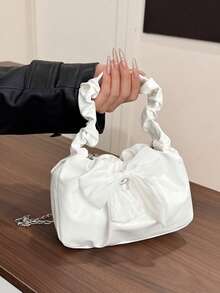 女士蝴蝶结装饰褶皱链条单肩包，适合日常通勤、旅行、购物、休闲外出 - 白色 - 查看 4