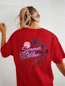 Camiseta de Mujer Estilo Bohemio - Camiseta Impresa% Algodón Suave y Cómoda, Cola de Caballo Dorada Clara con Estampado de Sol y Palmera, Estilo de Calle de Vacaciones de Playa de Verano, Cuello Redondo y Manga Corta, Regalo Perfecto para Mujeres - Rojo - Ver 3