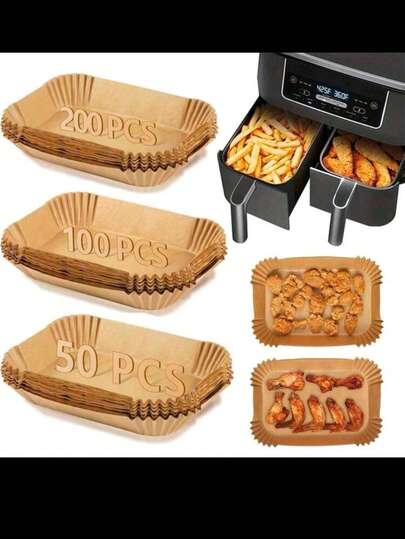 50/100/200 قطعة من أوراق الورق المستهلكة المستطيلة لبطانة الفرايير الهوائي، اكسسوارات المطبخ، ورق زبدة غير لاصق للفرايير الهوائي المزدوج، ملحقات الفرايير الهوائي، مقاوم للزيت والماء لفرايير المطبخ الهوائي