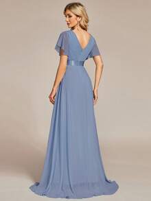 EVERPRETTY Elegant Solid Color Butterfly Sleeve Cinched Waist Chiffon Blue Bridesmaid Dress, Suitable For Weddings, Parties, Anniversaries And Other Formal Occasions In Spring And Summer - Dusty Blue - View 4
