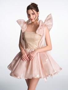 Anymoon Fairy 奢华甜美性感露背薄纱蝴蝶结立体缎面3D蕾丝串珠镂空系带后背褶皱薄纱舞会礼服，适合婚礼招待会、订婚派对、毕业舞会、公司晚宴、斋月庆祝活动 - 香檳色 - 查看 7