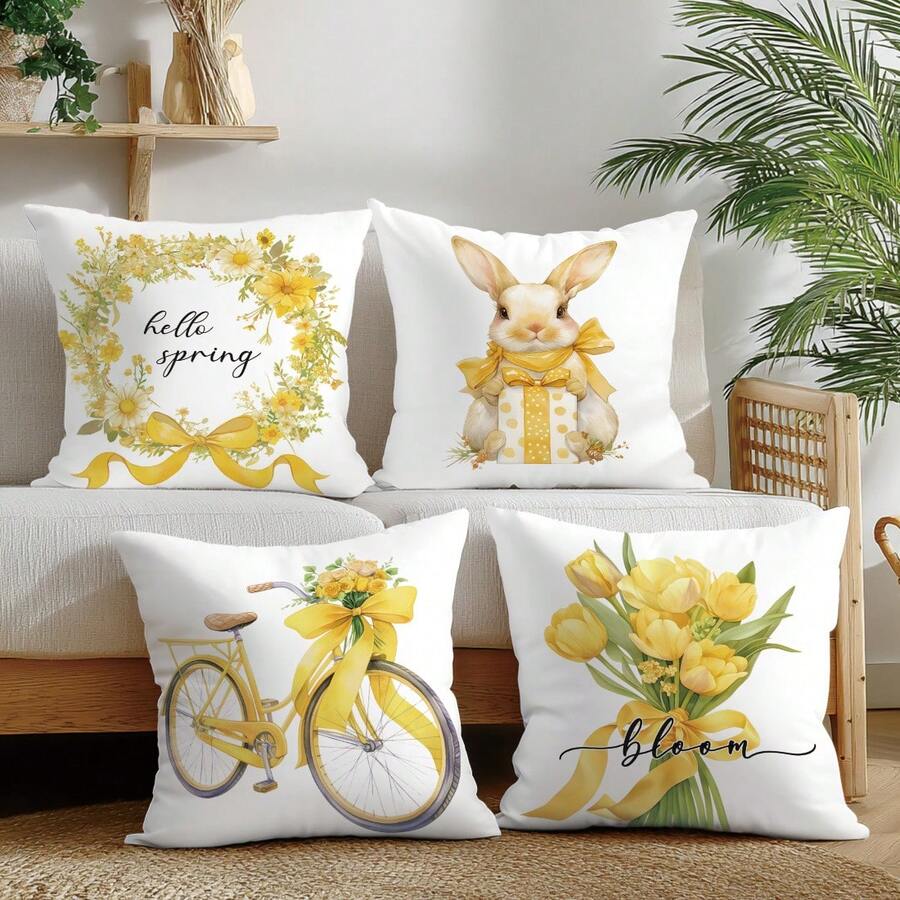 4件套复活节春季黄色郁金香花卉可爱兔子抱枕套，单面印花桃色绒面，45*45厘米，适合现代简约沙发客厅装饰，可作礼物或派对装饰。 - 彩色 - 查看 1