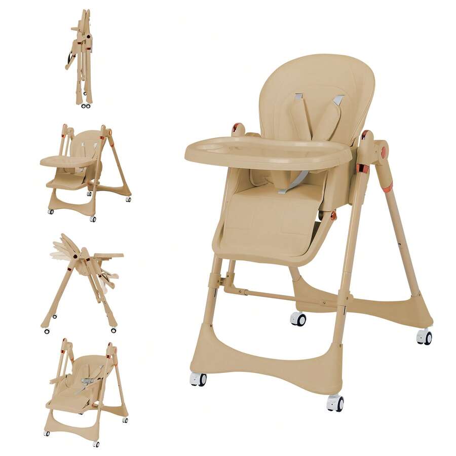 GCCSJ 6-In-1 Foldable Baby High Chair – 5 Height, Locking Wheels, Removable Tray, 5-Point Harness, Soft PU Seat, Space-Saving For Home & Travel – Best Gift - 奶咖棕+萬向輪 - 查看 1