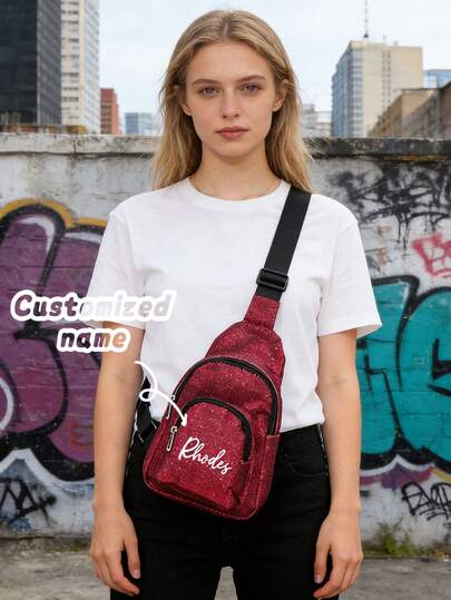 1pc New Glitter Crossbody Bag, Multifunctional Chest Bag, Unisex, Zipper Closure, Ideal Gift For Valentine's Day, Wedding Season, Mother's Day, Father's Day, Commuting, Outdoor Travel, Hiking, Party, Back To School, Business | Casual, Available In Black, Blue, Red