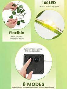 100/50/20 LED Guirlande lumineuse solaire à lierre vert avec crochets d'escalade, lumières de lierre pour chambre, guirlandes de fées, 8 modes d'éclairage pour différentes expériences de rêve, souples et pliables dans n'importe quelle forme. Convient pour la décoration intérieure, la clôture d'intimité, le mur, le patio, le jardin, la décoration de balcon, la décoration murale de chambre, la rénovation de chambre d'étudiant - Pothos solaire + crochet - Voir 5