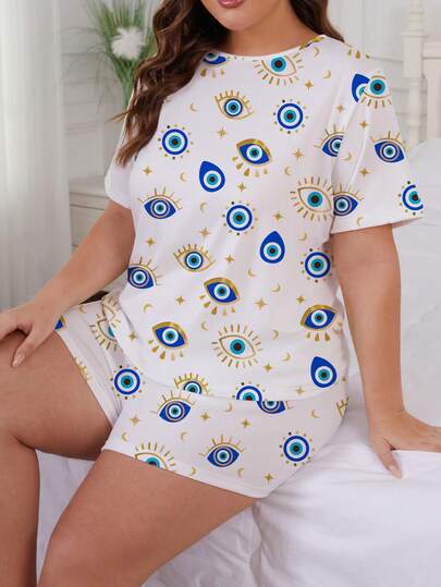 2 pièces Ensemble de pyjama pour femmes avec base blanche, imprimé d'œil de diable bleu, étoiles et lune. Chemise col rond à manches courtes confortable et short à taille élastique. Élégant pour l'extérieur, l'intérieur, toutes les saisons