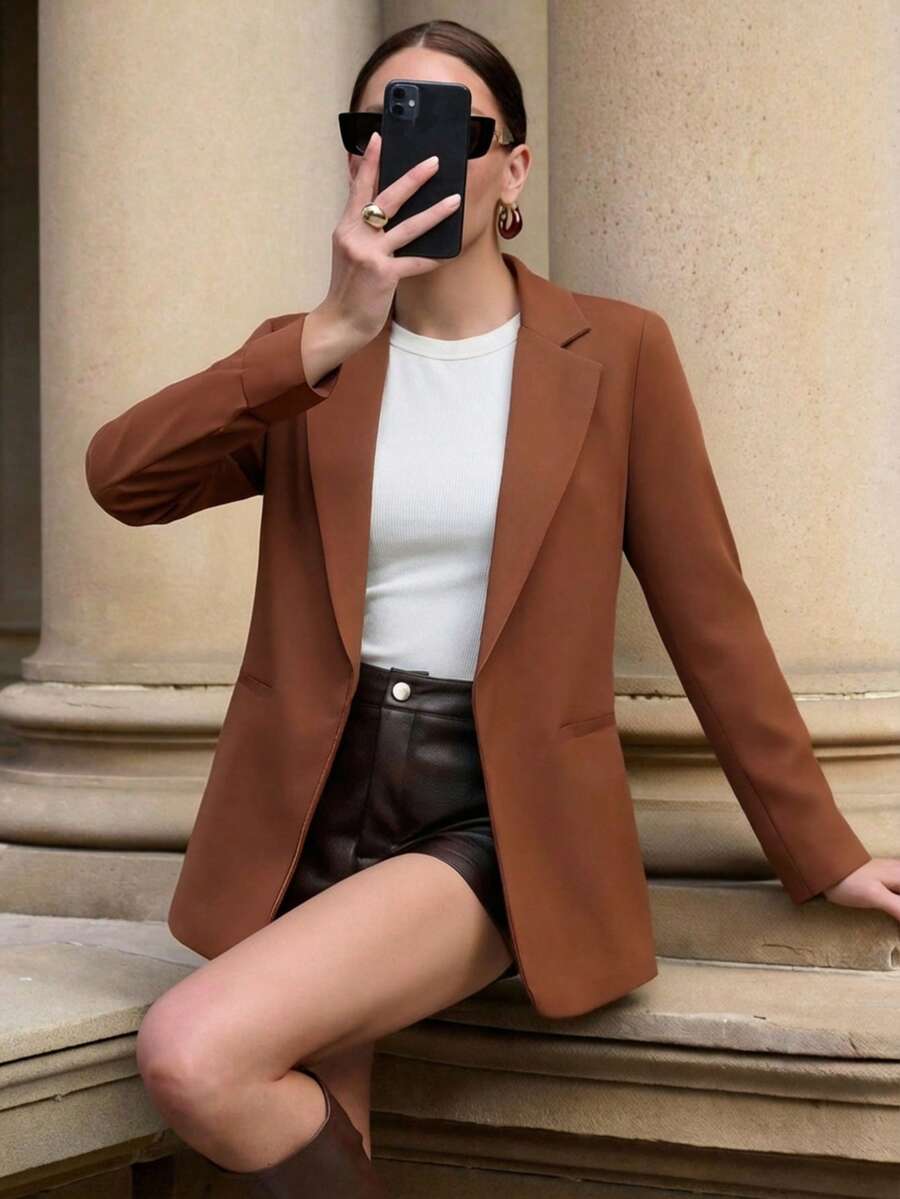 Blazer Forrado  Liso  Casual  Elegante    Bolsillo - Camel - Ver 1