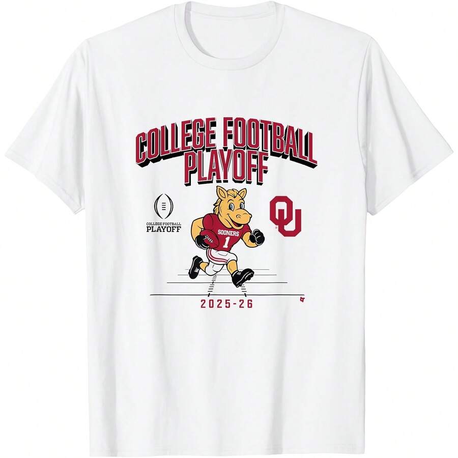 Oklahoma Sooners College Football Playoff Mascot Text 2025 T-Shirt All Seasons,220g Pure Cotton Single-Sided Printed Crew Neck Short-Sleeved T-Shirt,Unisex Top,Base Layer - 顏色10 - 查看 1