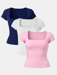 Set Of 3 Women's Short-Sleeve Blouses In Cool Mesh Spandex, Basic Square Neckline - Danone Pink, White and Navy Blue - View 1