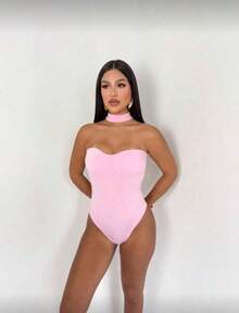 Strapless Bodysuit With High Neck, Shaping, Suspended Neckline, Versatile With Padded Cups - 淺粉色 - 查看 2