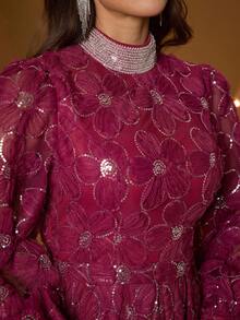 Đầm dạ hội dáng suông, cổ áo đính ngọc trai, tay phồng, thêu hoa 3D, sang trọng, cổ cao, xuyên thấu, thích hợp cho các buổi dạ tiệc, đám cưới, tiệc tùng, dự tiệc cưới, lễ phục dạ hội. - Màu Hồng Tươi - Xem 7