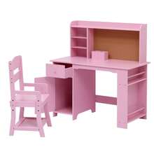 Juego de computadora y Silla para niños y niñas, Mesa de Escritura de Madera para niños con estantería, tablón de anuncios, gabinete y cajón para Edades de 3 a 8 años - Rosa - Ver 8