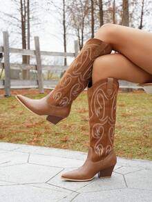Women's Western Style Pointed Toe Mid-Calf Boots, Embroidered Chunky Heel Cowboy Boots - Brown - View 1