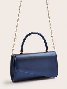 女士时尚纯色金属装饰翻盖PU皮革手拿包，配有可拆卸链条肩带，适合正式场合、派对、晚宴等。 - 寶藍色 - 查看 4