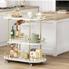 Muebles de bar, carrito para vinos, botellero de 3 niveles, ovalado, base blanca, estructura metálica dorada, construcción en gres porcelánico y metal. - Dorado - Ver 7