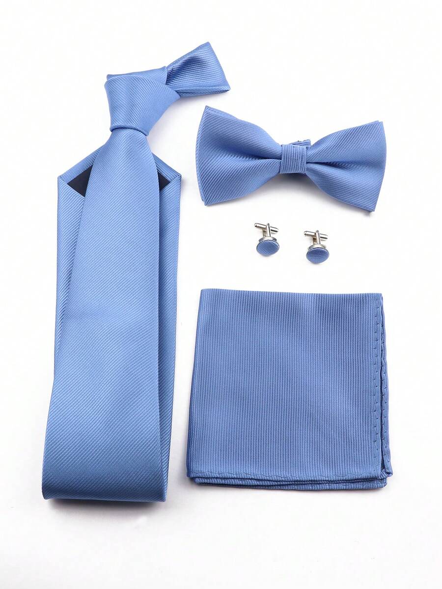 ZONFAZ 4pcs Men's Business Casual Solid Ribbed 3.15" Necktie, Bow Tie, Pocket Square & Cufflinks Combo Set, Suitable For Wedding, Party And Daily Commute - Dusty Blue - View 1