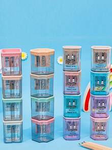 4pcs Random Cartoon Double Hole Square Pencil Sharpener, Suitable For Various Pencil Types, Practical And Clean Design With Shavings Collector, Transparent To Check Remaining, Compact And Portable, Durable And Odorless, Ideal For Students And Office Use - Square - View 3
