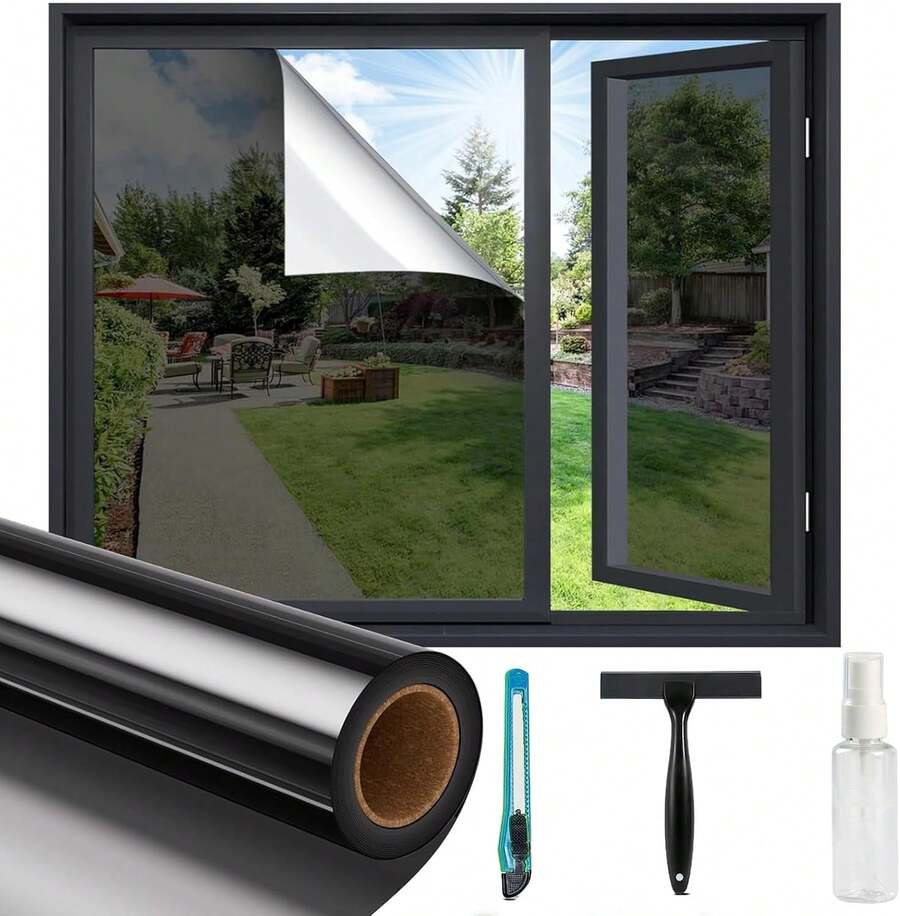 pelicula para cubrir ventana,Pelicula Ventanas Sol 50*200cm,Iene Con 3 Herramientas de Instalación,Vidrio Protector Solar Privacidad Espejo Una Dirección Anti 99% UV,Para Sala Cocina Oficina Hogar - Negro 1 pieza - Ver 1