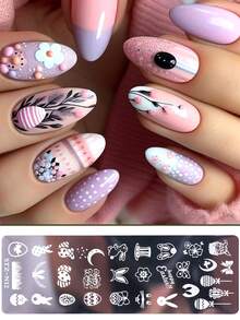 1件装复活节美甲模板，可爱兔子复活节彩蛋花朵设计学院美甲印花模板，DIY不锈钢美甲模板印花模具美甲工具 - 銀色 - 查看 9