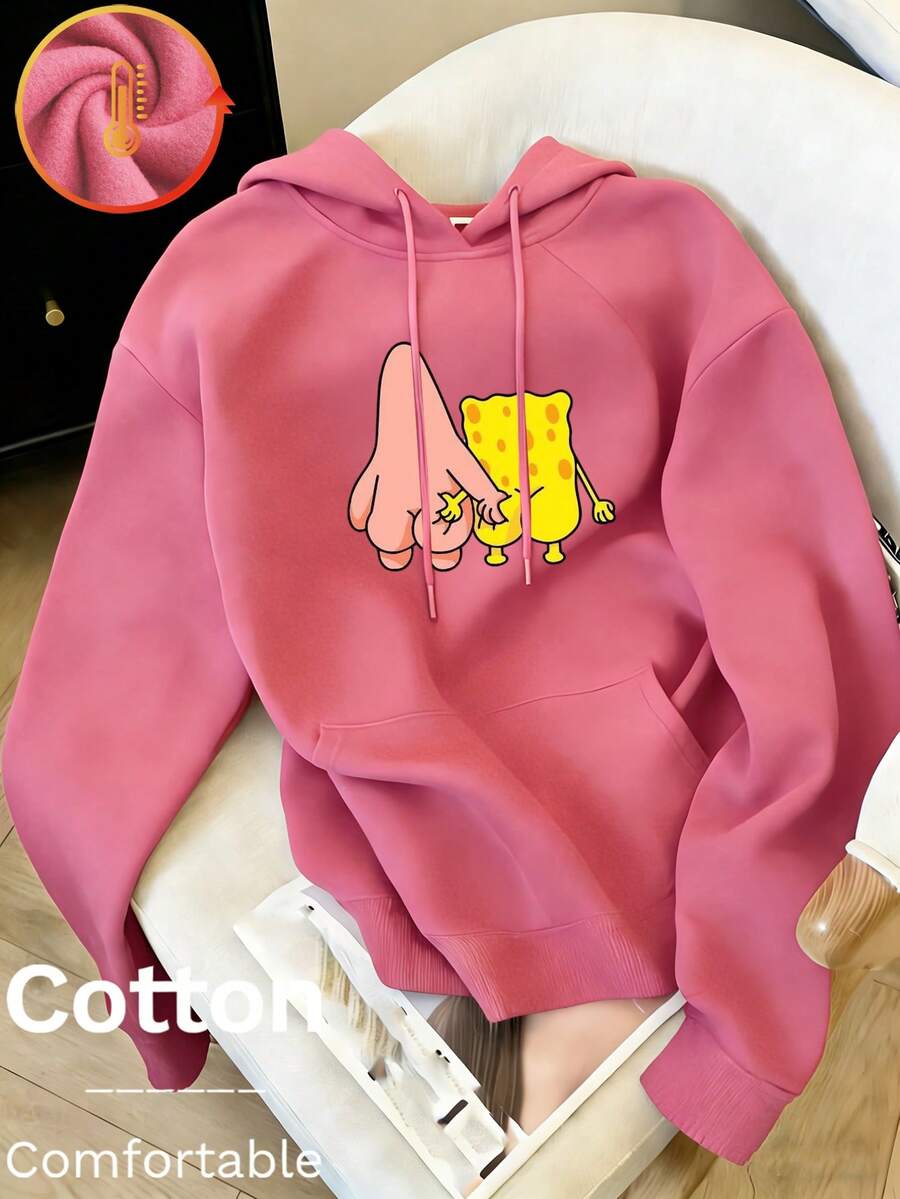 Áo nỉ dài tay có mũ, dây rút, unisex dành cho Ngày Valentine, mẫu mới ra mắt năm 2026, thuộc bộ sưu tập Ngày Valentine với họa tiết SpongeBob SquarePants và Patrick ôm nhau, thích hợp cho mua sắm, hẹn hò, giải trí, thư giãn và các hoạt động hàng ngày. - màu đỏ hồng nhạt - Xem 1