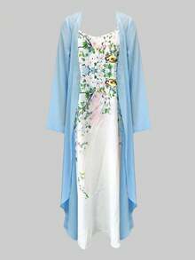 Bộ 2 món gồm váy nữ in hoa phong cách boho, vạt bất đối xứng, thích hợp cho đám cưới, đi nghỉ mát và khăn choàng voan mùa hè xuân. - Màu xanh lam - Xem 4