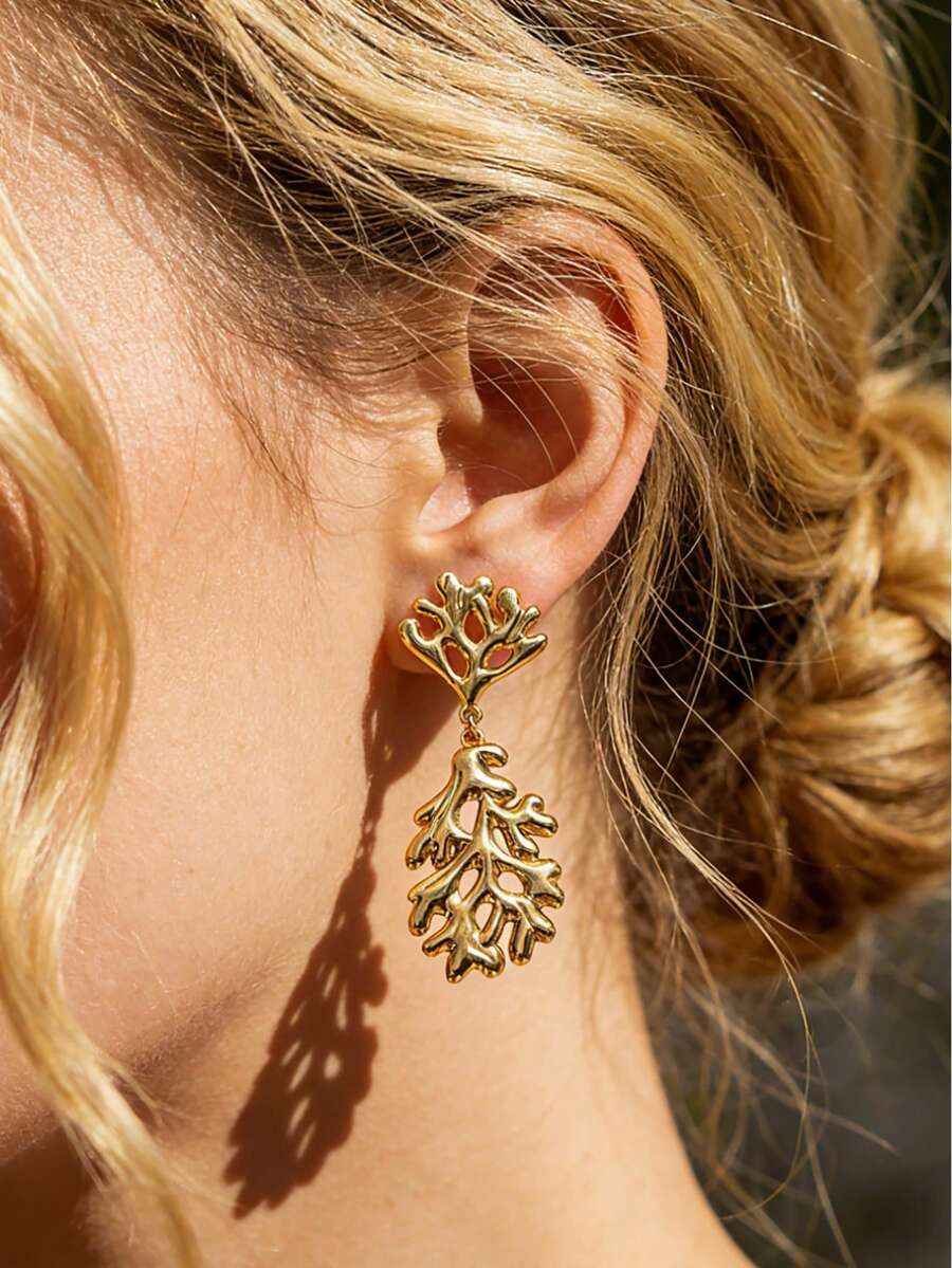 Mazuer 一对18K镀金不锈钢夏威夷风情珊瑚水滴耳环，女士珠宝配饰，适合夏威夷度假佩戴 - 金黃色 - 查看 1