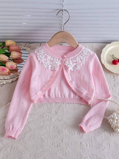 Girls' Cute Solid Color Lace Hollow Short Knitted Cardigan, Single-Breasted Thin Air Conditioning Shawl