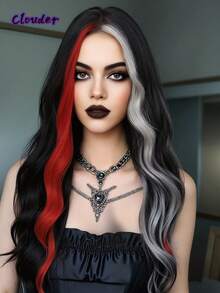 clouder 哥特朋克黑灰红双色长波浪卷假发，26英寸中分刘海，耐热合成纤维假发，女士哑光质感卷发，适合日常角色扮演、节日派对、音乐节、Y2K街头风、前卫学院风、现代时尚朋克美学。 - 彩色 - 查看 2