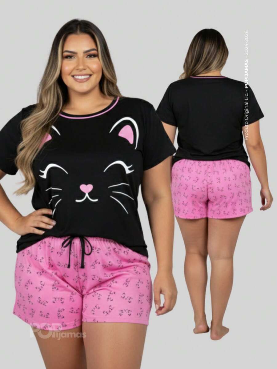 Women's Plus Size Short Pajamas, Blogger Style, Summer Set, Shorts And Top, Baby Doll Comfort POP - màu đen - Xem 1