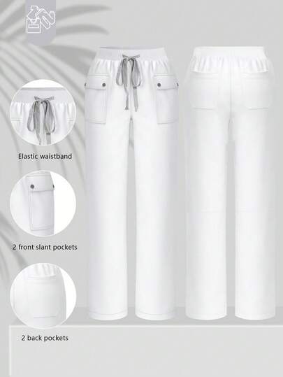 cimmuovere Women's Solid Color 4-Pocket Flap Pocket Contrast Tape Straight Fit Scrubs Nurse Scrubs Workwear Dentist Healthcare Pet Hospital Laboratory Pants White Spring