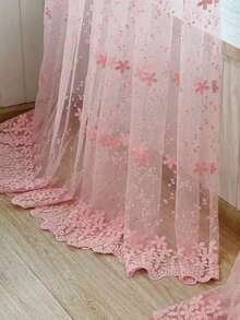 1件韩式刺绣蕾丝薄纱粉色窗帘，高档雪纺面料，适用于客厅和卧室，家居窗帘 - 粉色 - 查看 1