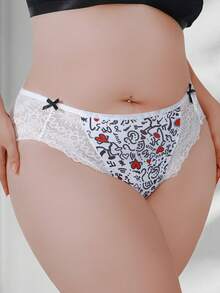 Women's Lace Patchwork Panties, High-Waist Plus Size Bikini Briefs - White - View 3