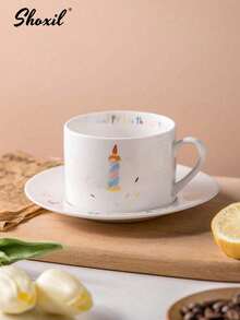 shoxil 1Pc Ceramic Cup & Saucer Set, Birthday Candle Design Coffee Cup & Tea Cup, Suitable As A Birthday Gift, For Birthday Gifting, Party Gatherings And Afternoon Tea - Multicolor - View 5