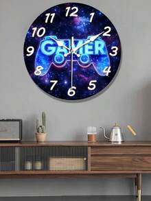 1 Peça Relógio de Parede de Madeira Silencioso - Relógio Circular Impresso 2D Plano, Estilo Moderno Retrô Rústico, Relógio de Parede com Tema de Jogador com Design de Controle, Adequado para Sala de Estar, Escritório, Decoração de Quarto, Presentes de Aniversário, Halloween (Pilhas AA não inclusas), 2D Plano - Multicolorido - Visão 1
