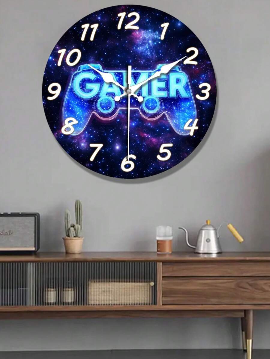 1 Peça Relógio de Parede de Madeira Silencioso - Relógio Circular Impresso 2D Plano, Estilo Moderno Retrô Rústico, Relógio de Parede com Tema de Jogador com Design de Controle, Adequado para Sala de Estar, Escritório, Decoração de Quarto, Presentes de Aniversário, Halloween (Pilhas AA não inclusas), 2D Plano - Multicolorido - Visão 1