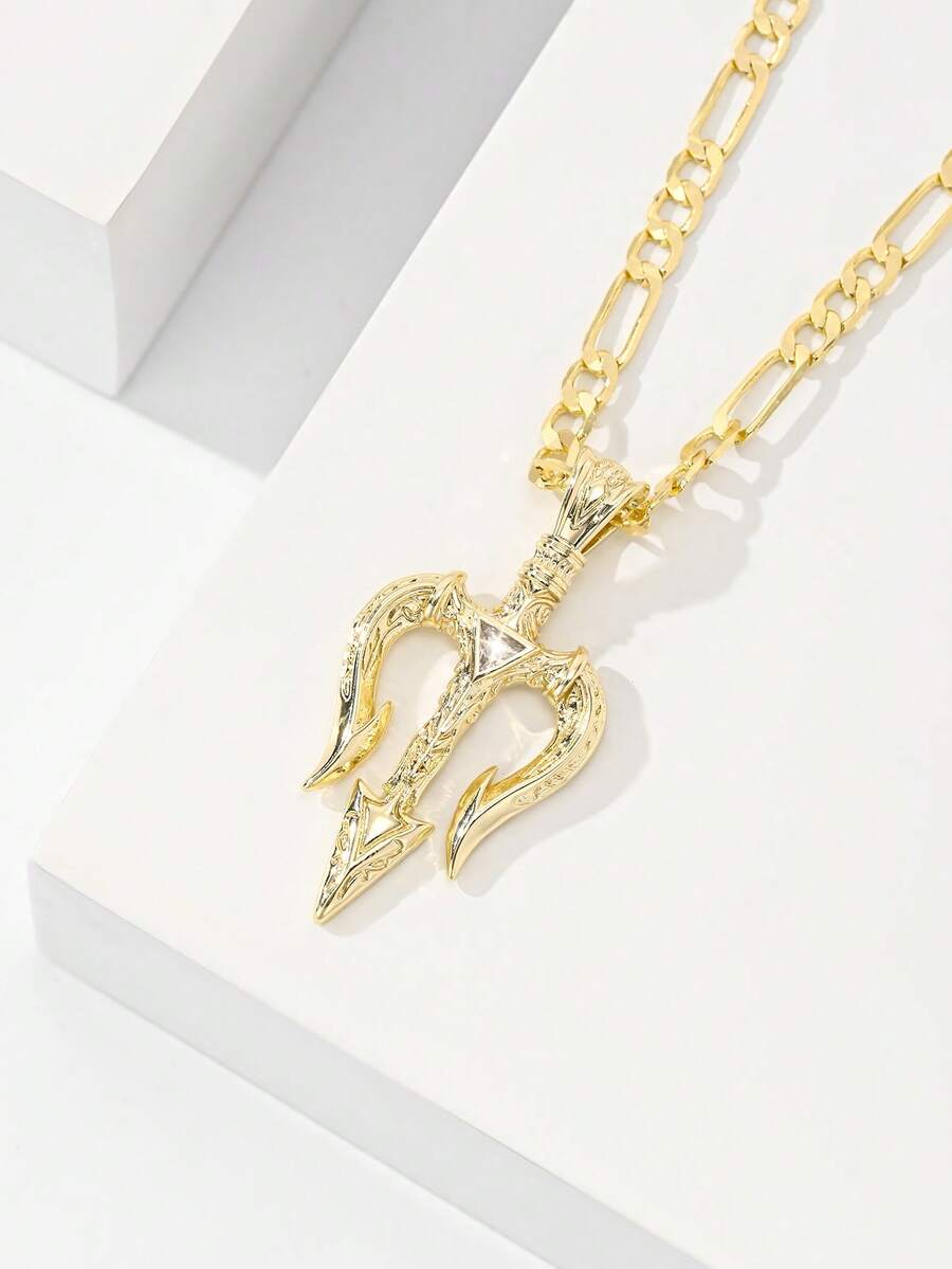 1件经典欧式铜镶嵌锆石三叉戟吊坠项链，限量版“守护之光”，适合作为圣诞节、感恩节、万圣节、母亲节、情人节、送给朋友、洗礼、日常佩戴和祈祷的礼物。 - 金黃色 - 查看 1