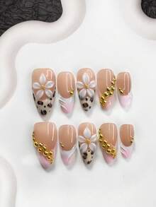 10片珍珠仙女风美甲套装，亚克力压制甲片，5瓣白色小花装饰配小金属珠，不对称金色水钻，棕纹混色，纯色波浪纹，豹纹法式甲片，送给女性和女孩的理想美甲礼物，手工制作的压制甲片 - 彩色 - 查看 15