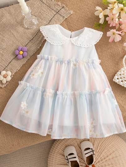 夏季女婴蕾丝领彩色碎花无袖A字连衣裙，柔和色调度假风