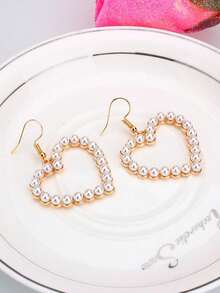 Faux Pearl Heart Drop Earrings - White - View 2