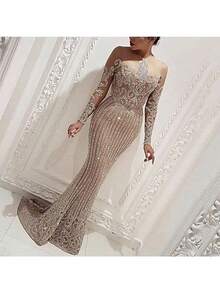 2026 Spring/Summer New Long Skirt, Mid-Waisted Temperament, Commuter Sequins, Gold Sprinkled Gold, Slim Gold Slimming Dress - 米色 - 查看 4