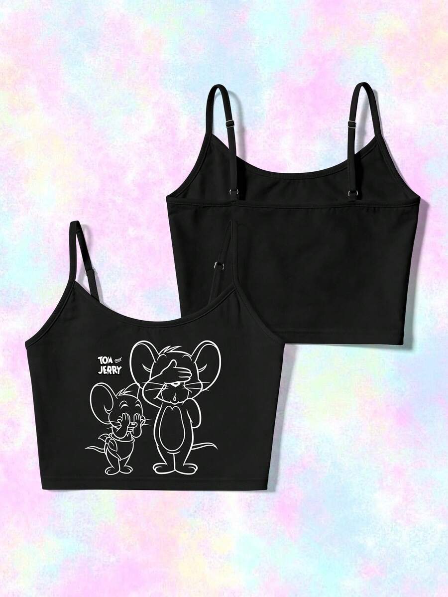 SHEIN X Tom & Jerry 女士休闲日常通勤可爱卡通字母印花露脐吊带背心，夏季 - 黑色 - 查看 1