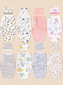 2pcs/Set Baby Unisex Printed Hat And Swaddle Blanket, Spring/Summer - Multicolor - View 1