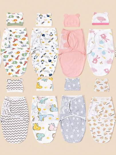 2pcs/Set Baby Unisex Printed Hat And Swaddle Blanket, Spring/Summer